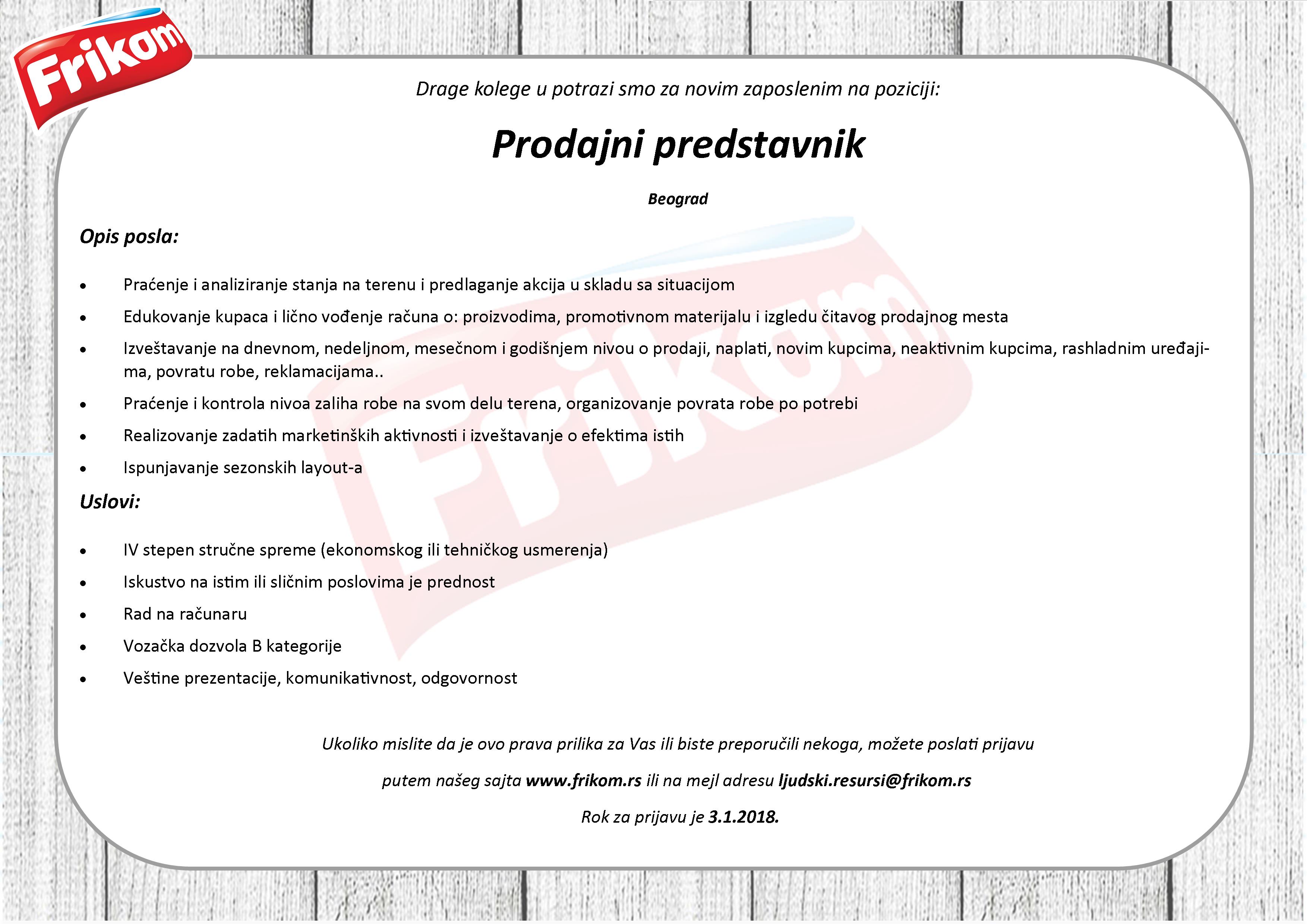 Frikom A D Zaposlenje Prodajni Predstavnik Beograd